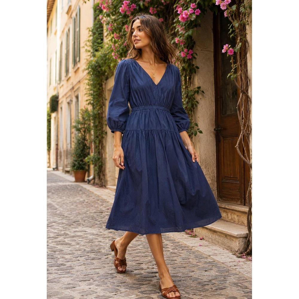 Nation LTD GRACIELA SHADOW STRIPE Midi Dress Women S Navy Pima Cotton